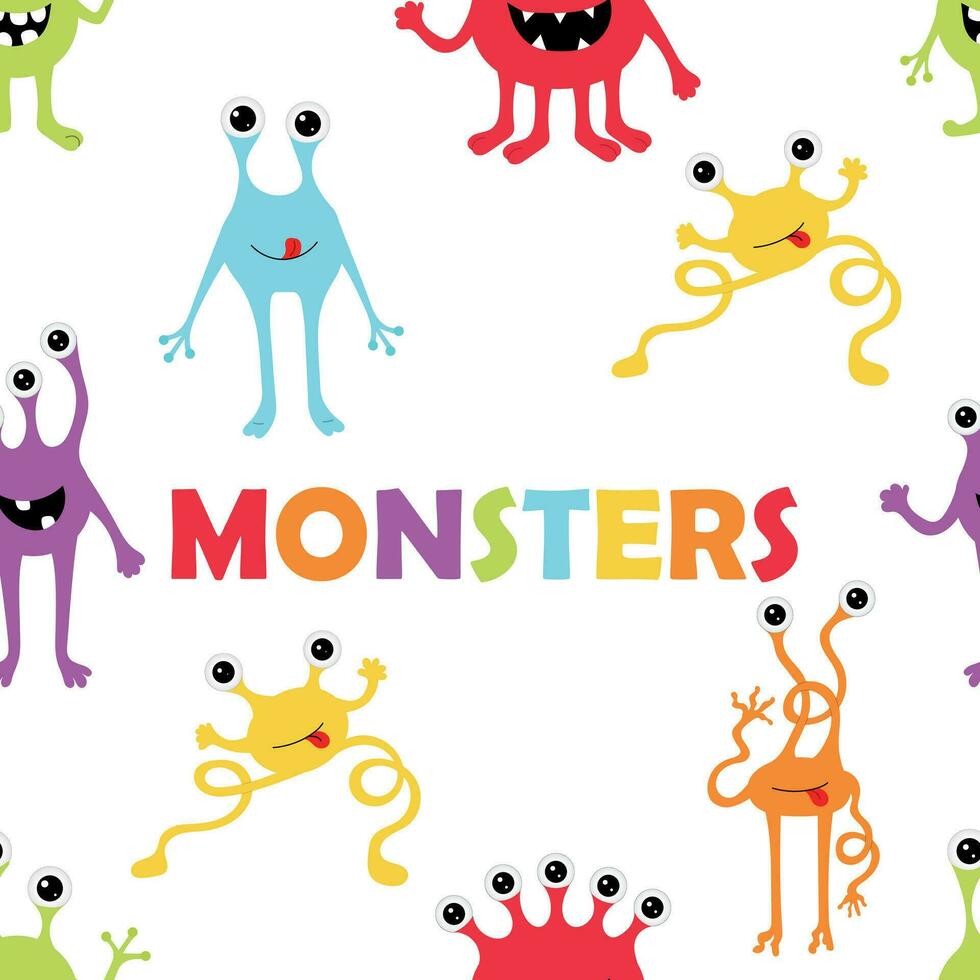 Seamless pattern of cute monsters on white background vector