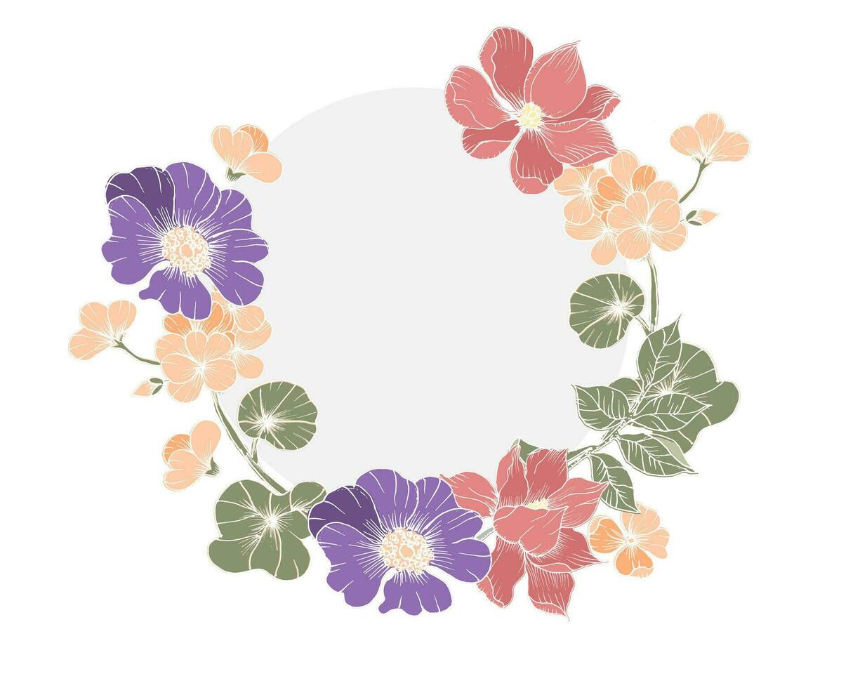 Hand Drawn Anemone and Magnolia Flower Wreath vector