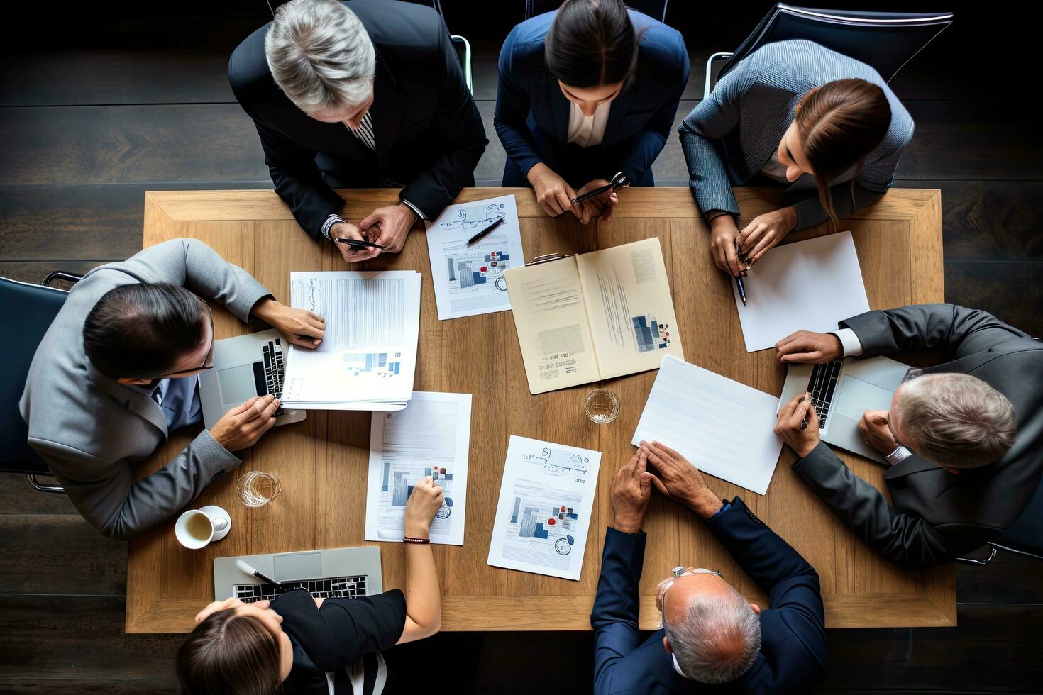 Top view of business people sitting at table and working together in office, Business team working together on a table, top view, No visible faces, AI Generated photo