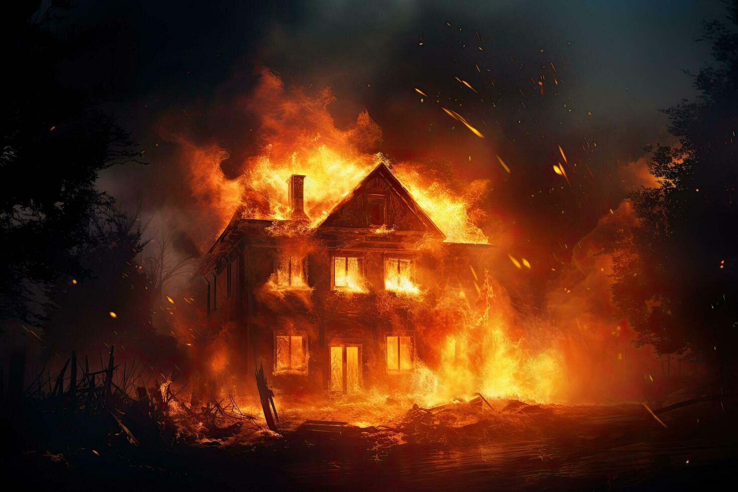 Burning house in the village. Fire and smoke. Illustration, Burning house. Fire in the old house. Burning house. A house is on fire, AI Generated photo
