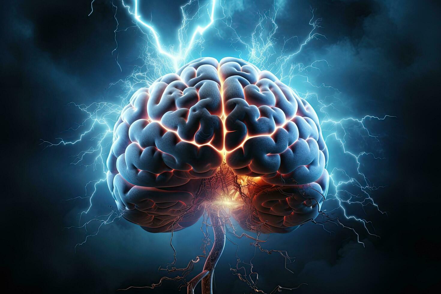 Human brain with thunderbolt, 3D illustration, computer generated image, Brainstorming concept with human brain and lightning, 3d illustration, AI Generated photo