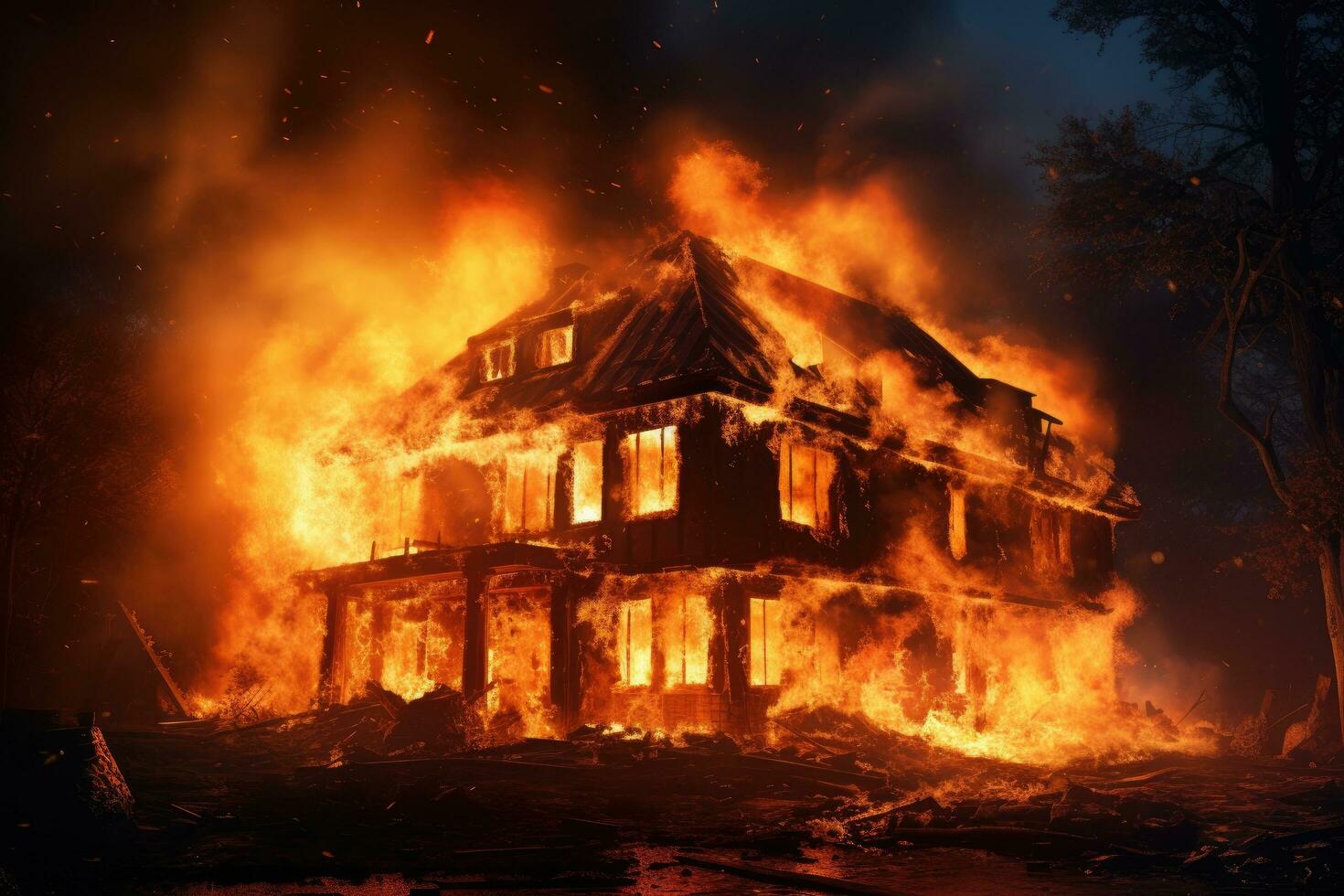 Burning house in the forest at night. Fire in the house. Burning house. Fire in the old house. Burning house. A house is on fire, AI Generated photo