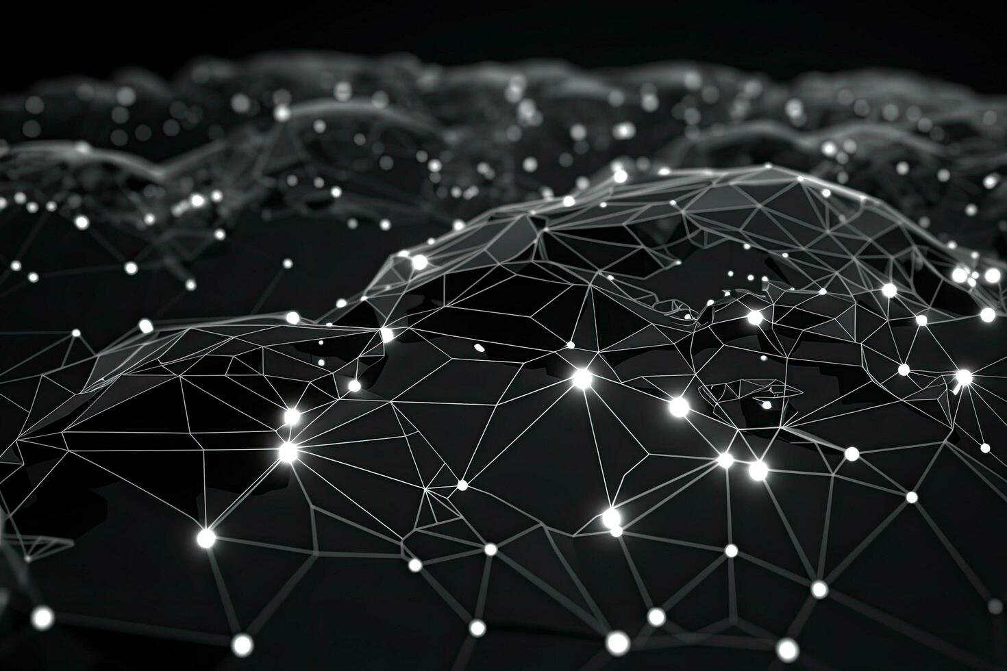 Abstract 3d rendering of global network connection on dark background. Futuristic technology style. Black and white global network connection on a curved world map hologram, AI Generated photo