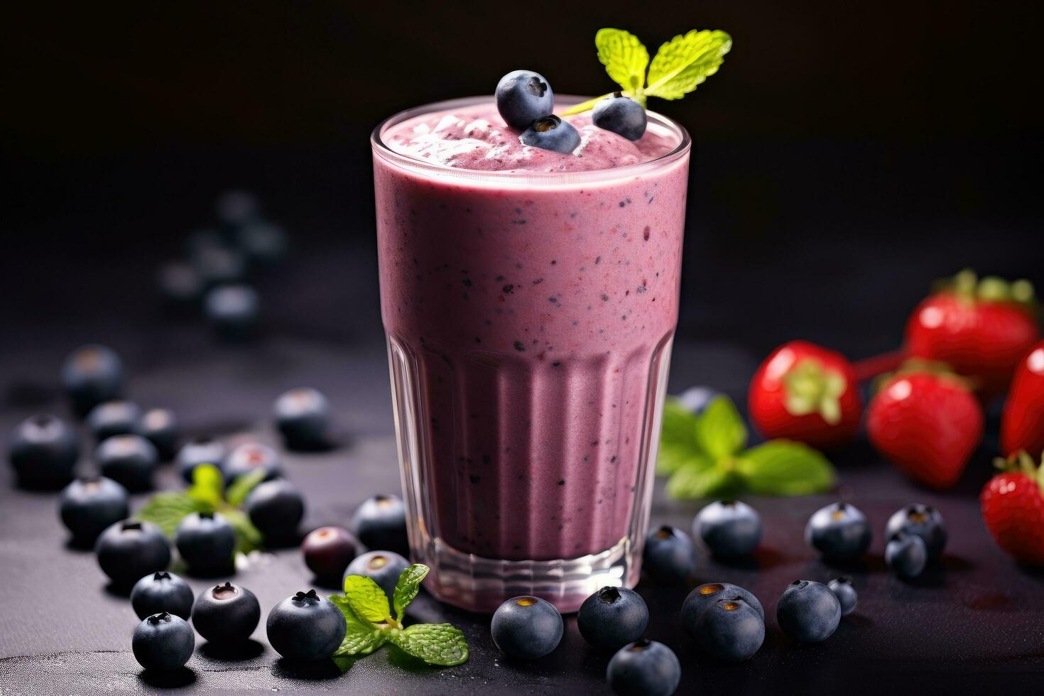 Blueberry smoothie with fresh berries and mint leaves on black background, Blueberry smoothie or milkshake with fresh berries, AI Generated photo