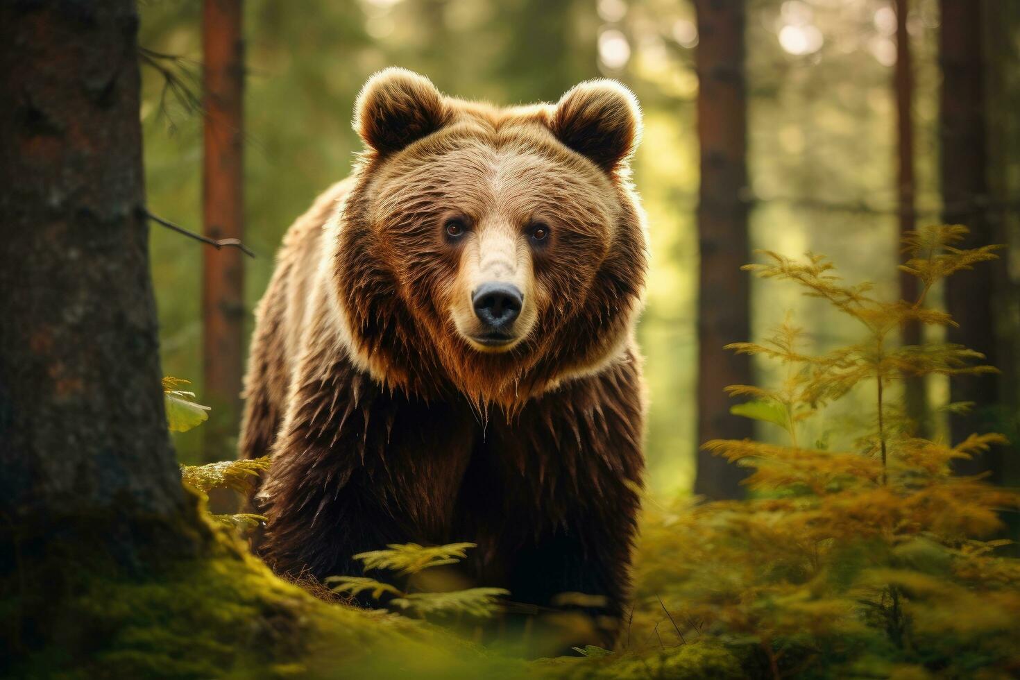 Grizzly bear in the forest. Wildlife scene from Finland, Brown bear in the forest, close-up of a wild animal, AI Generated photo