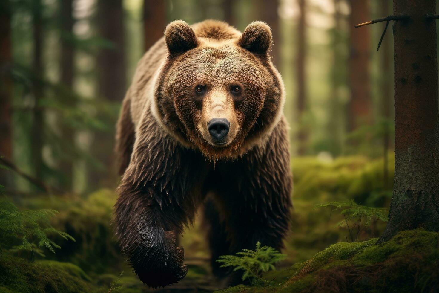 Brown bear walking in the forest. Wildlife scene. Scientific name Ursus arctos. Brown bear in the forest, close-up of a wild animal, AI Generated photo