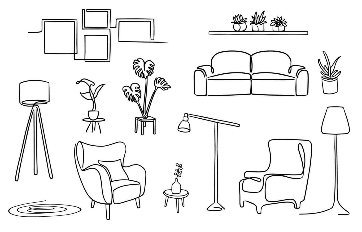 Cozy living room in boho style. indoor furniture. Hand drawn doodle linear sketch of the interior in a modern style. vector