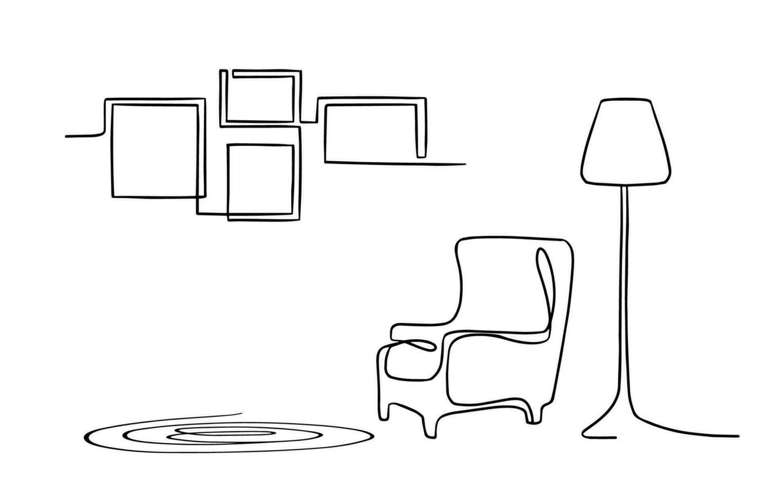 Cozy living room in boho style. indoor furniture. Hand drawn doodle linear sketch of the interior in a modern style. vector