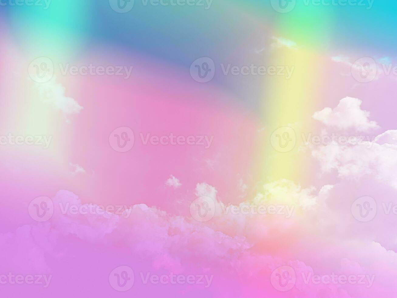 beauty sweet pastel soft yellow and pink with fluffy clouds on sky. multi color rainbow image. abstract fantasy growing light photo