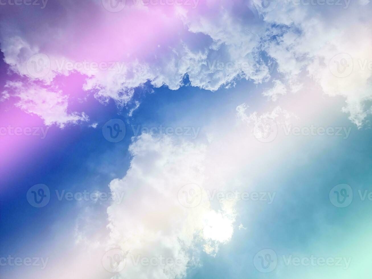 beauty sweet pastel soft green and white with fluffy clouds on sky. multi color rainbow image. abstract fantasy growing light photo