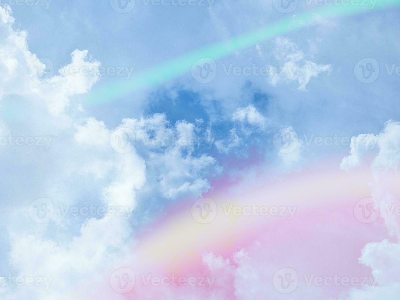 beauty abstract sweet pastel soft green and yellow with fluffy clouds on sky. multi color rainbow image. fantasy growing light photo