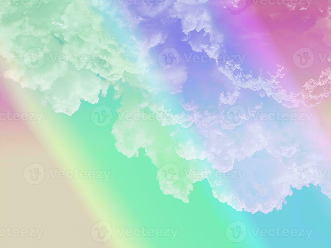 belleza dulce pastel amarillo verde colorido con nubes esponjosas en el cielo. imagen de arco iris de varios colores. fantasía abstracta luz creciente foto