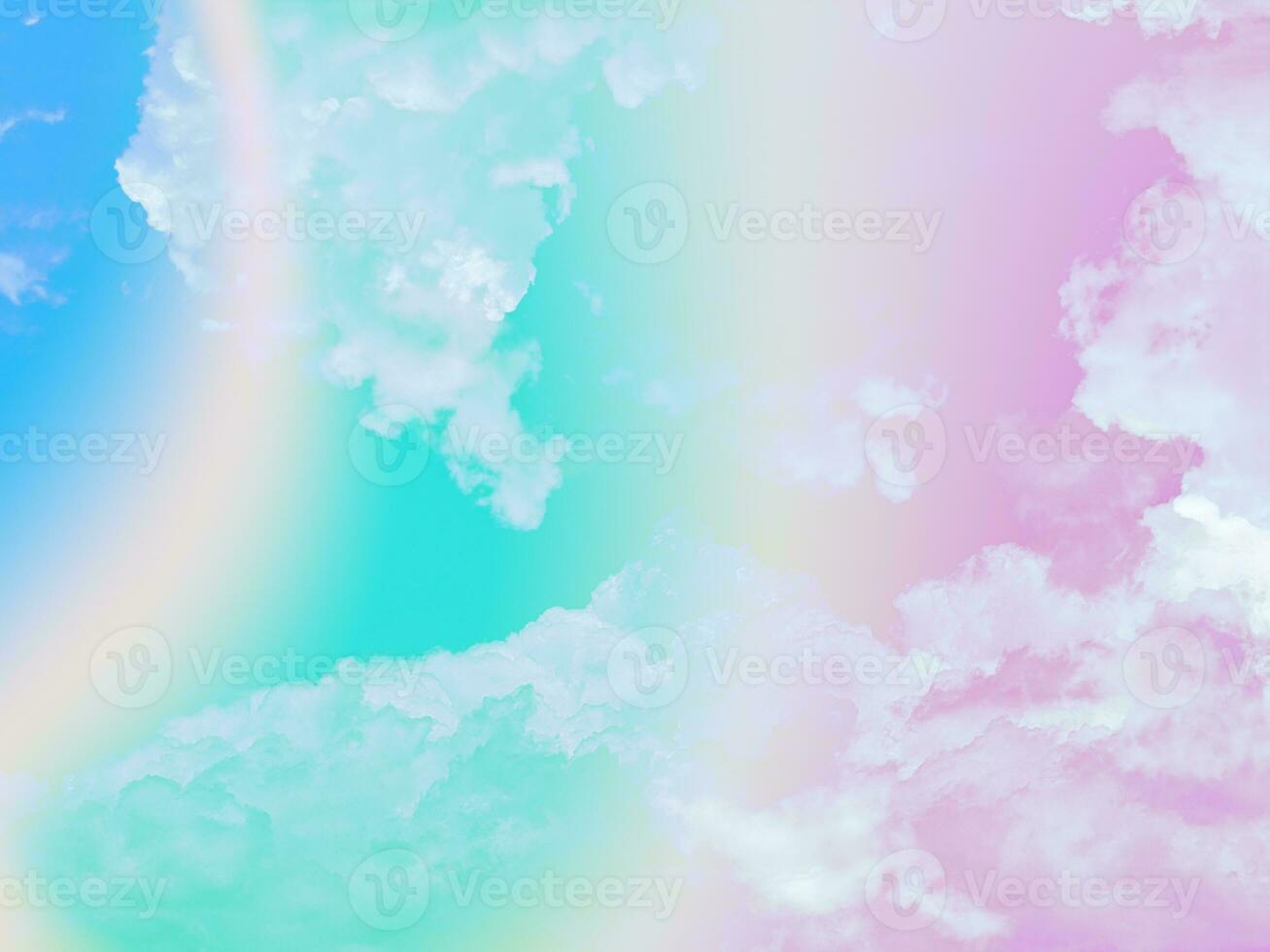 beauty sweet pastel soft green and blue with fluffy clouds on sky. multi color rainbow image. abstract fantasy growing light photo