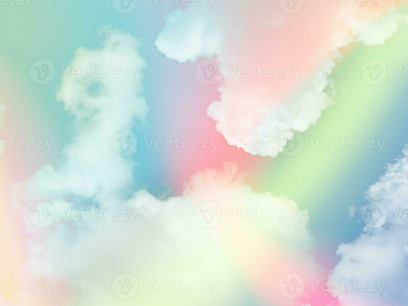 beauty abstract sweet pastel soft green and yellow with fluffy clouds on sky. multi color rainbow image. fantasy growing light photo