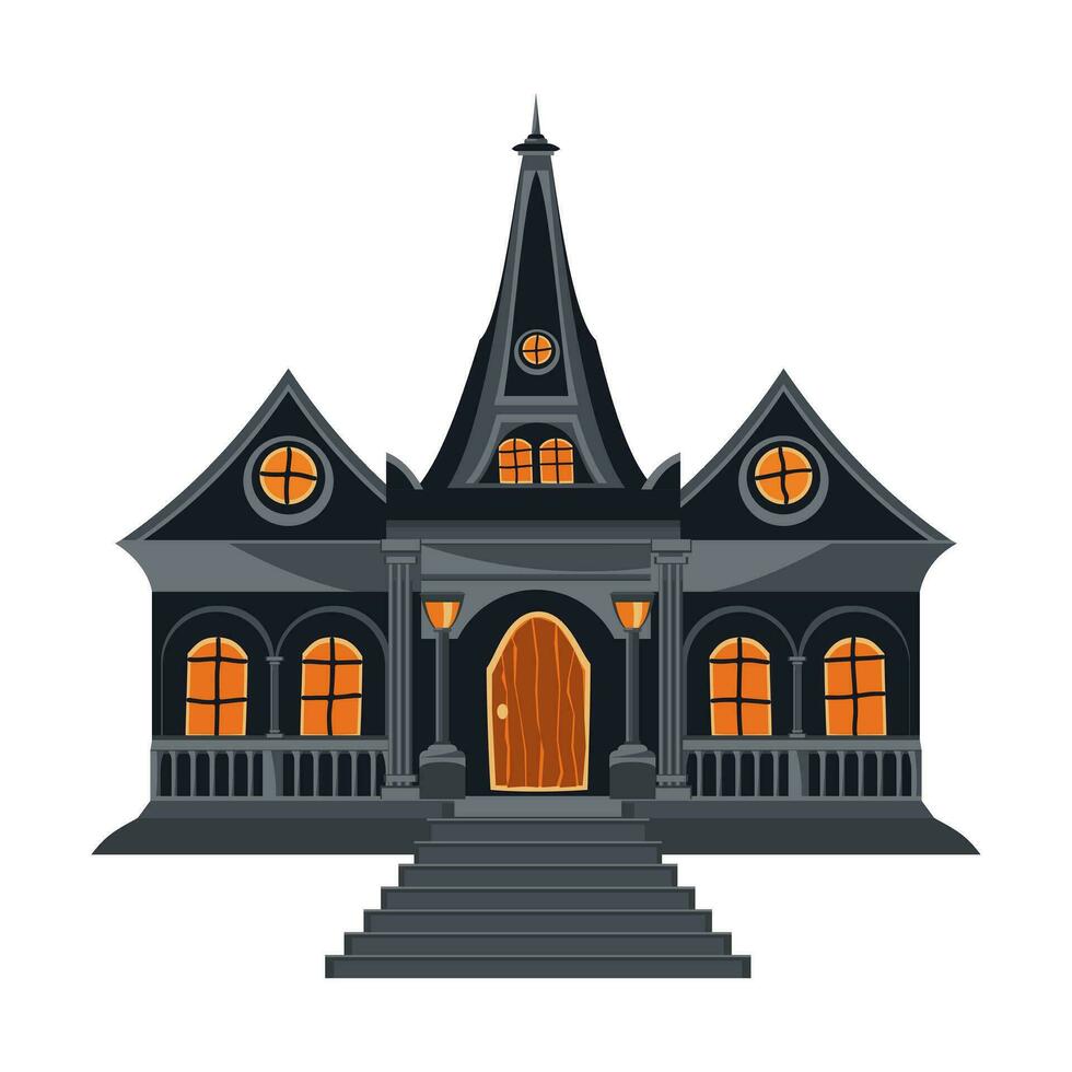 Halloween house in gray color with stairs, windows and front door. Isolated old haunted house in flat style. Cartoon gothic architecture. Vector illustration.