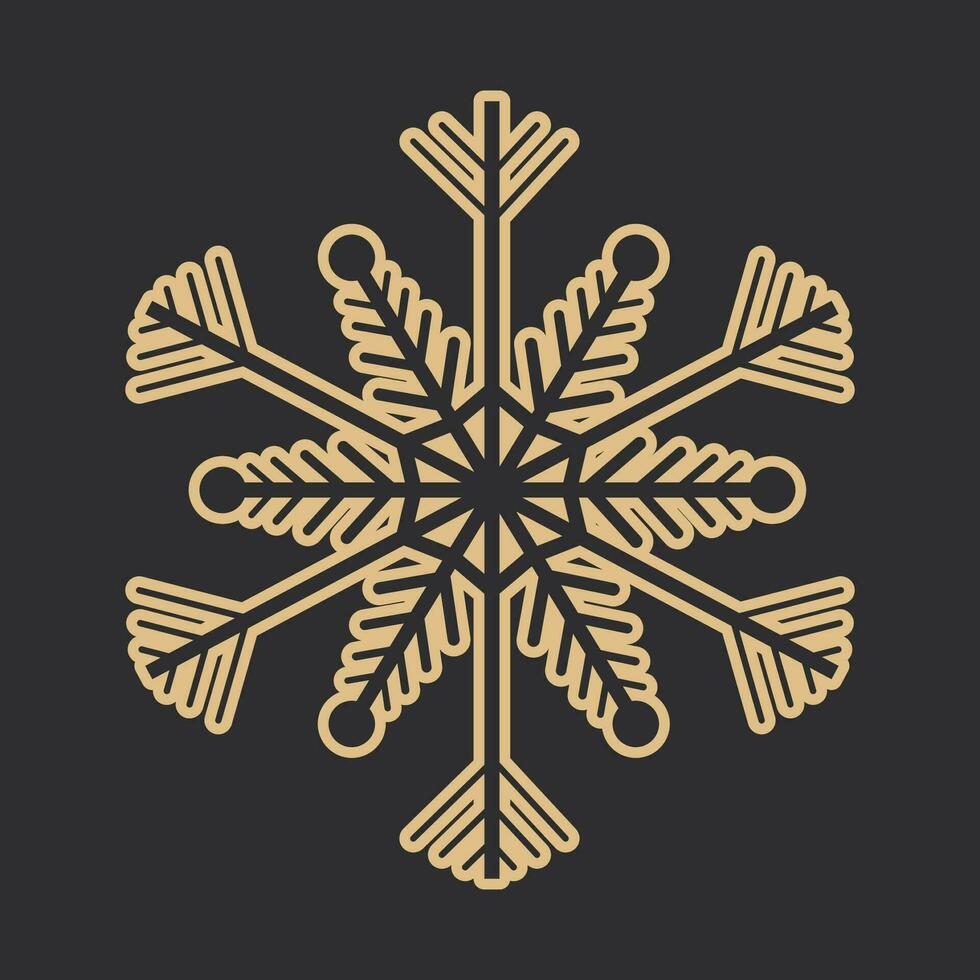 Golden snowflake crystal elegant line christmas decoration on dark background,winter ornament frozen element. Vector illustration