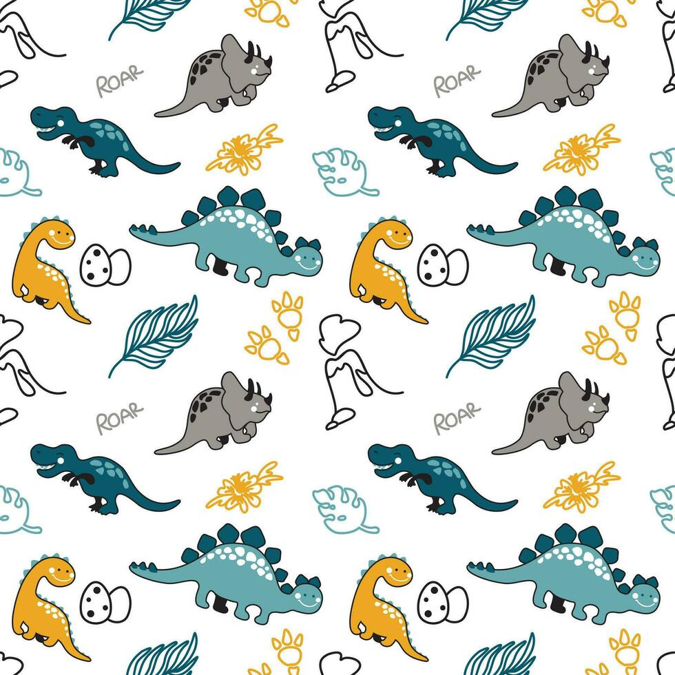 Funny dinosaurs and eggs drawn in doodles style, seamless pattern for kids products. Vector. vector