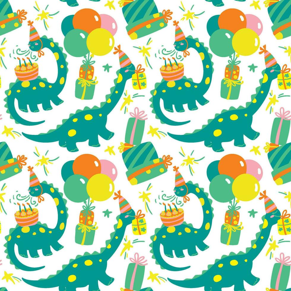 Cute dinosaur at happy birthday party. Balloons, cake, candles and boxes with gifts. vector