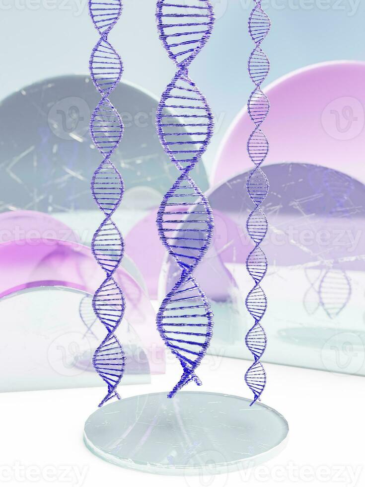 DNA helix above glass display. 3d render photo