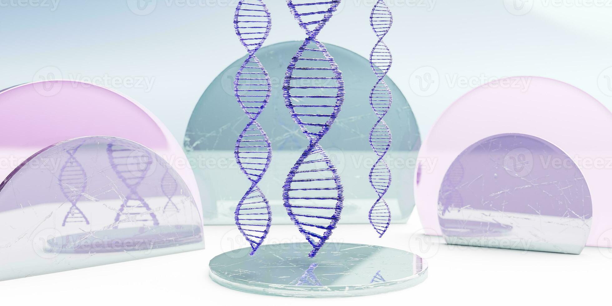 DNA helix above glass display. 3d render photo