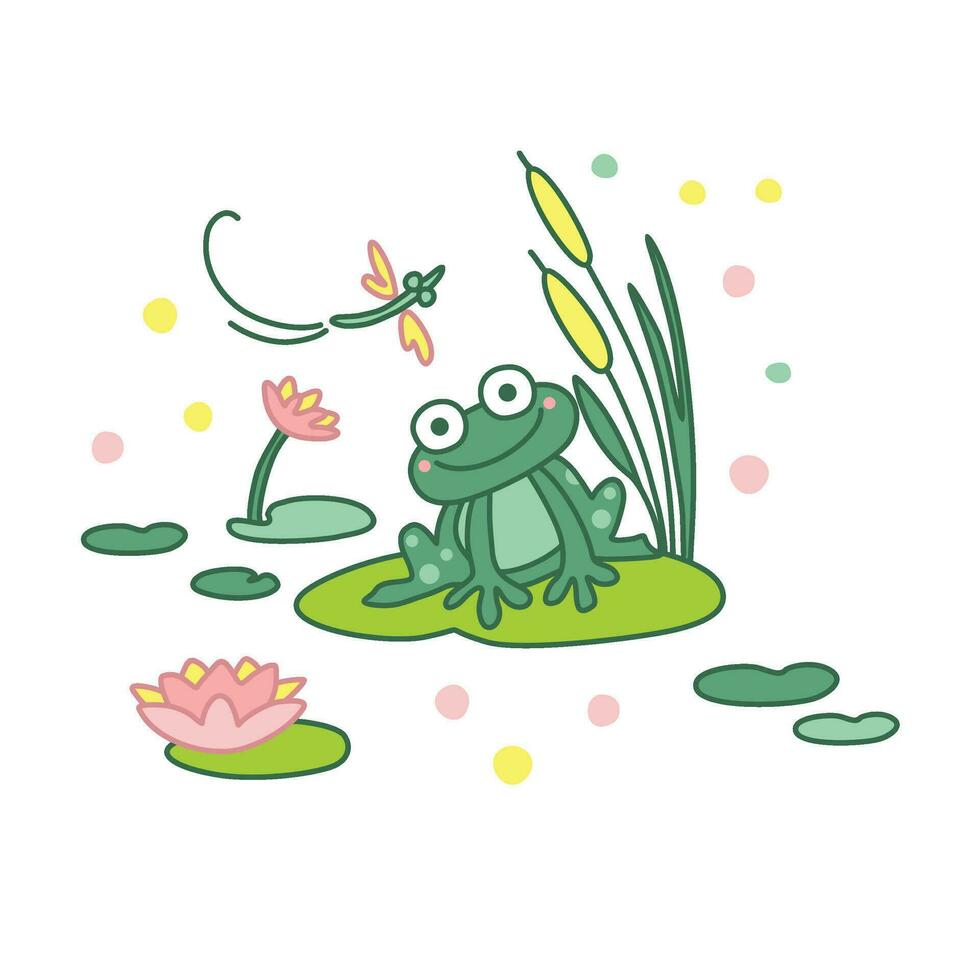 Cute frog sits on a large leaf of a water lily on a lake vector