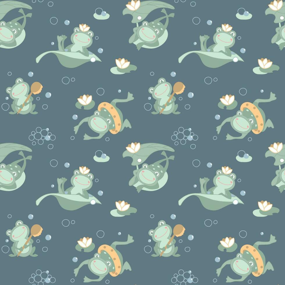 gracioso rana en estanque, burbujas y agua lirios, sin costura patrón, niños impresión vector