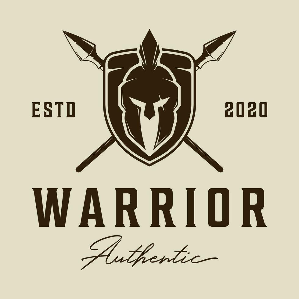 proteger y lanza con casco de espartano logo Clásico vector ilustración modelo icono gráfico diseño. guerrero y arma firmar o símbolo para negocio y deporte concepto con retro tipografía estilo