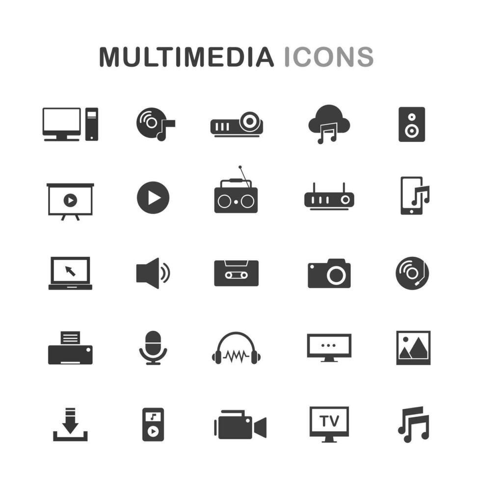 Vector multimedia icon set. Fillio black icon series.