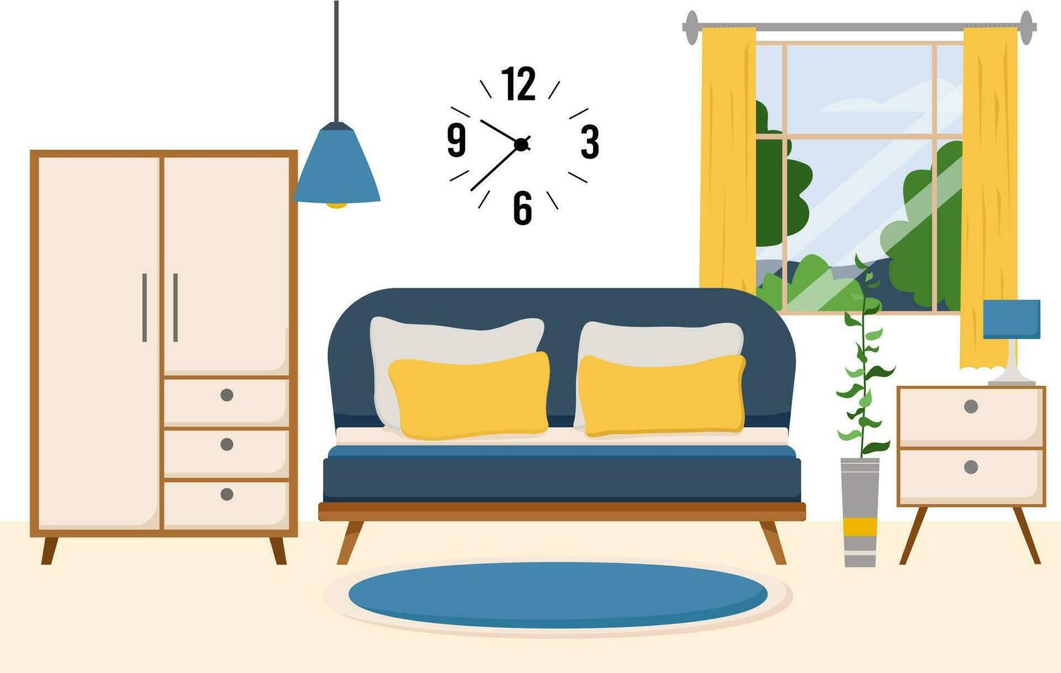 Cozy Bedroom Interior with Furniture Like Bed, Wardrobe, Bedside Table, Vase, Chandelier in Modern Style in Flat Vector Illustration