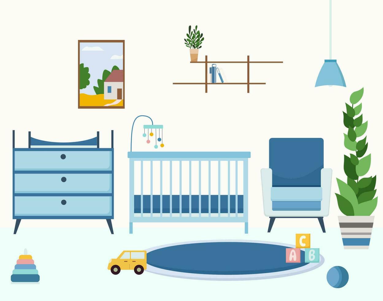 Cozy nursery interior with furniture such as crib, armchair, toys, rug in modern style flat vector illustration.