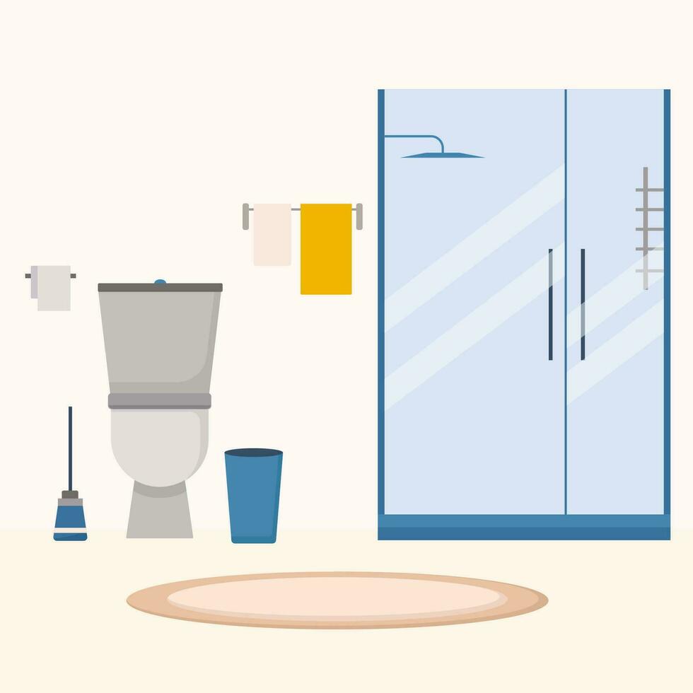 Cozy bathroom interior with furniture such as tub, mirror, bedside table, toilet bowl, towels in modern style in flat vector illustration