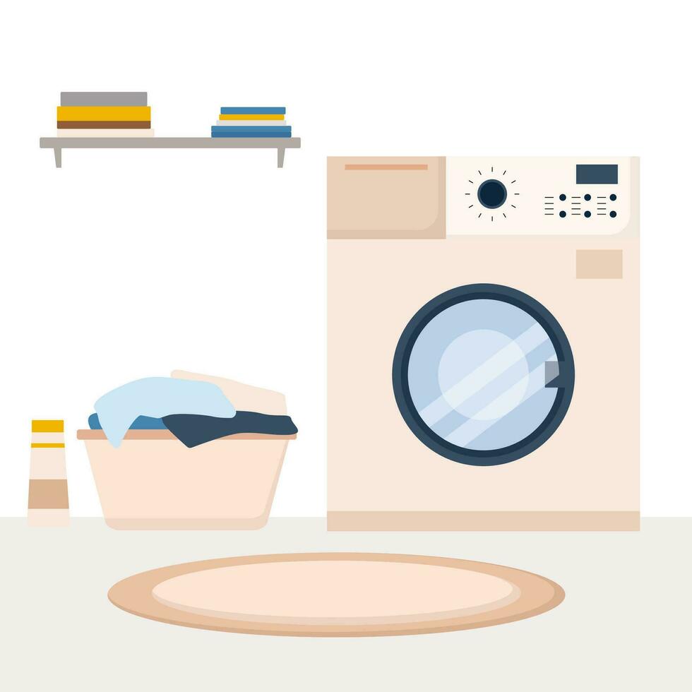 Cozy laundry room interior with furniture such as washing machine, modern style towels in flat vector illustration.