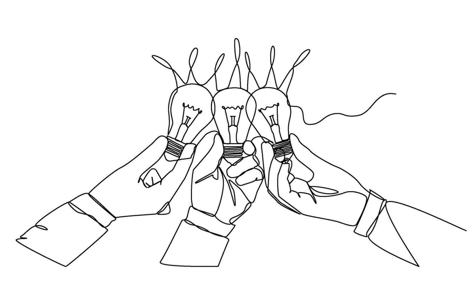 Continuous one line drawing of multiple hands holding light bulbs to gather together, combination of ideas, brainstorming concept, single line art. vector