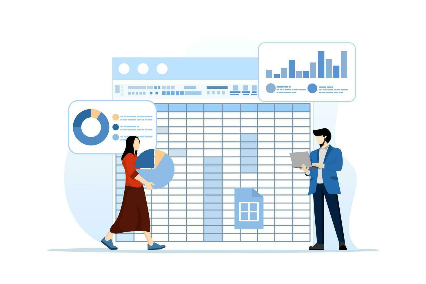 contabilidad y Finanzas auditoría concepto, crear hoja de cálculo informes. calcular presupuesto, lucro y pérdida, generar reporte grafico desde datos, profesional, negocio contador con hoja de cálculo informe. vector