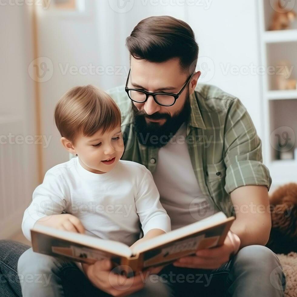 padre y hijo son leyendo un libro y sonriente mientras gasto hora juntos a hogar foto