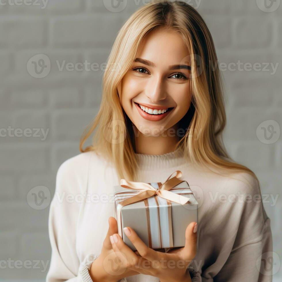 Girl with a gift on a light background photo