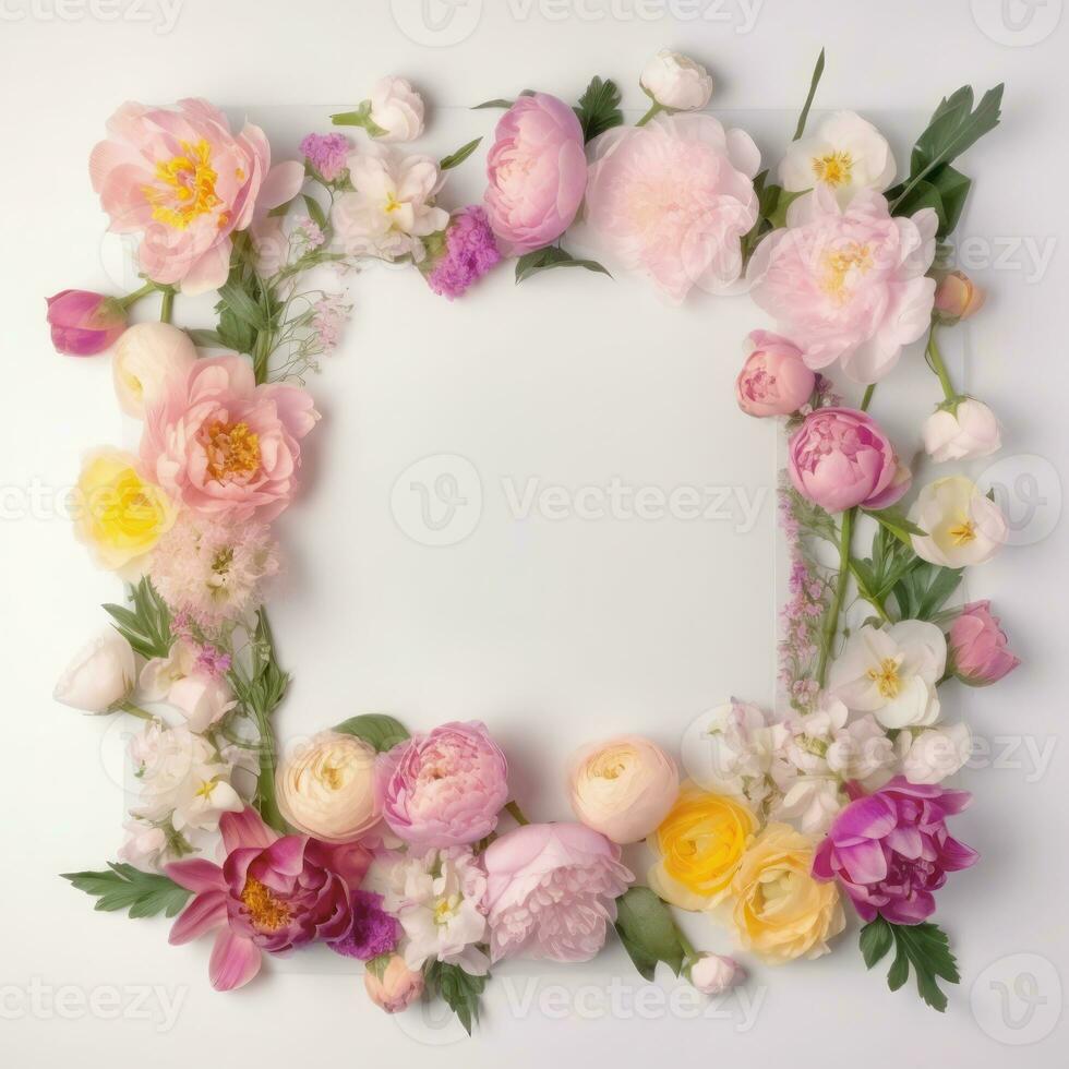 Photo frame of flowers. Wedding concept with flowers. For the design of greeting cards or invitations.