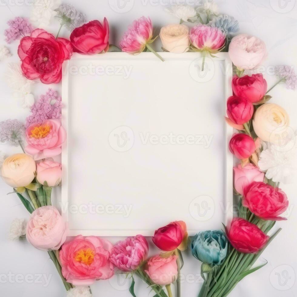 Photo frame of flowers. Wedding concept with flowers. For the design of greeting cards or invitations.