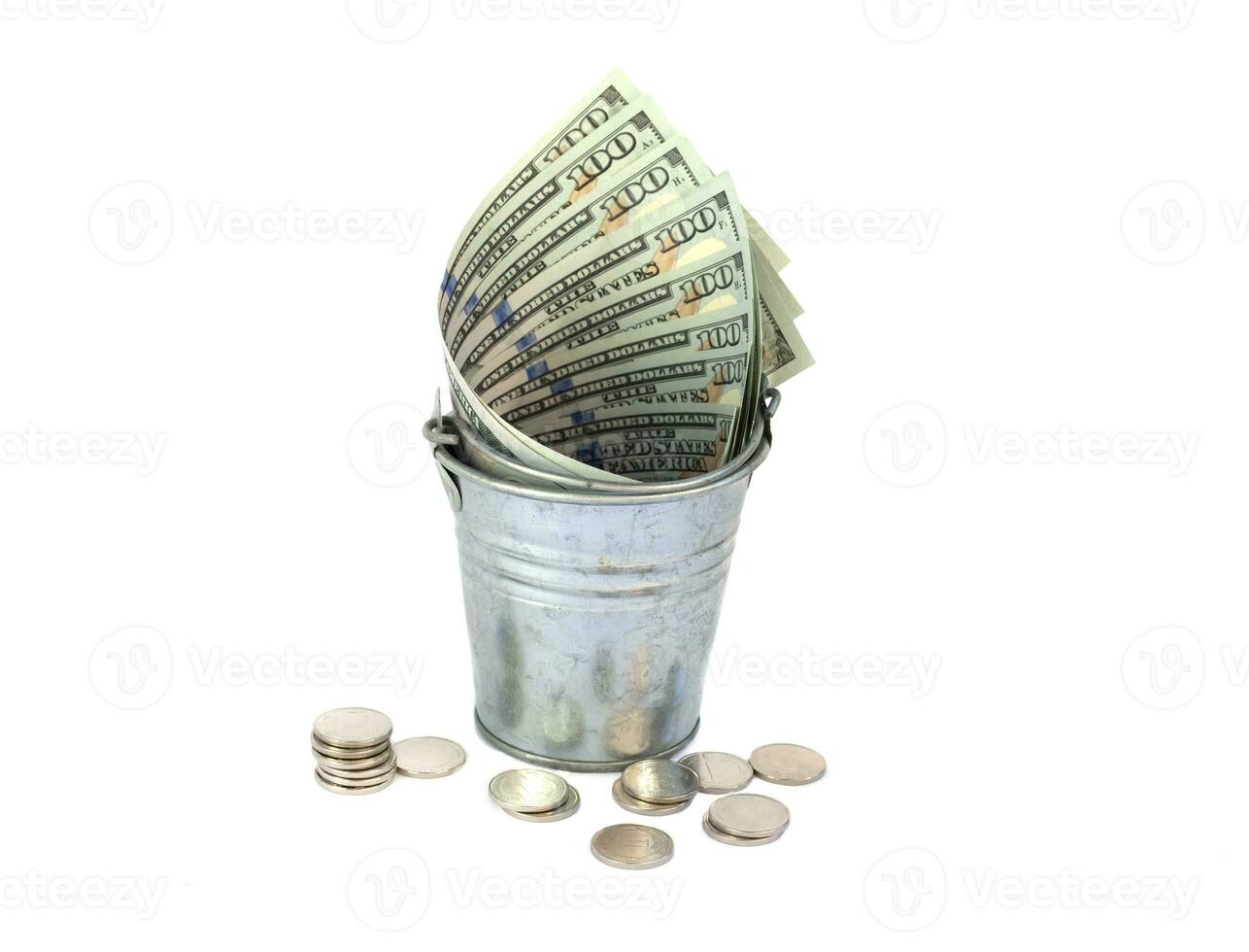 Selective focus image of bank note money inside a bucket. Business and financial concept photo