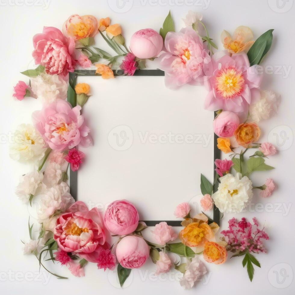 Photo frame of flowers. Wedding concept with flowers. For the design of greeting cards or invitations.