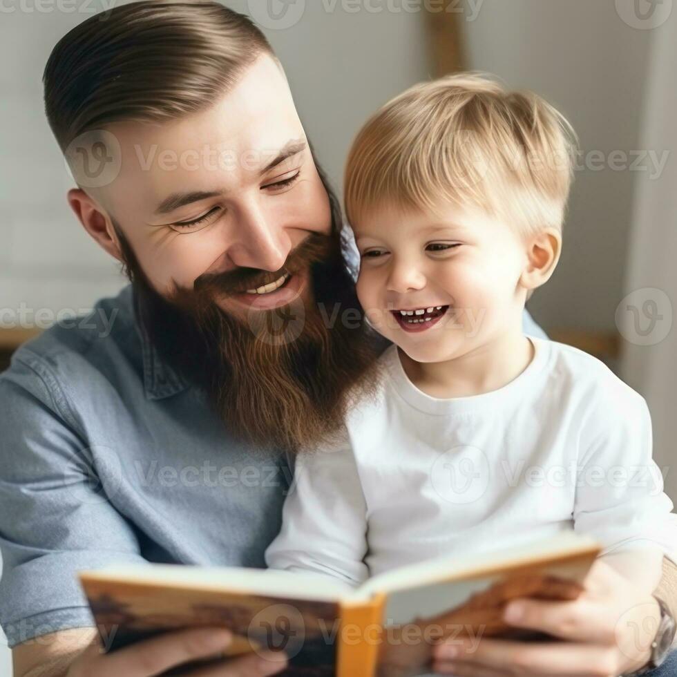 padre y hijo son leyendo un libro y sonriente mientras gasto hora juntos a hogar foto