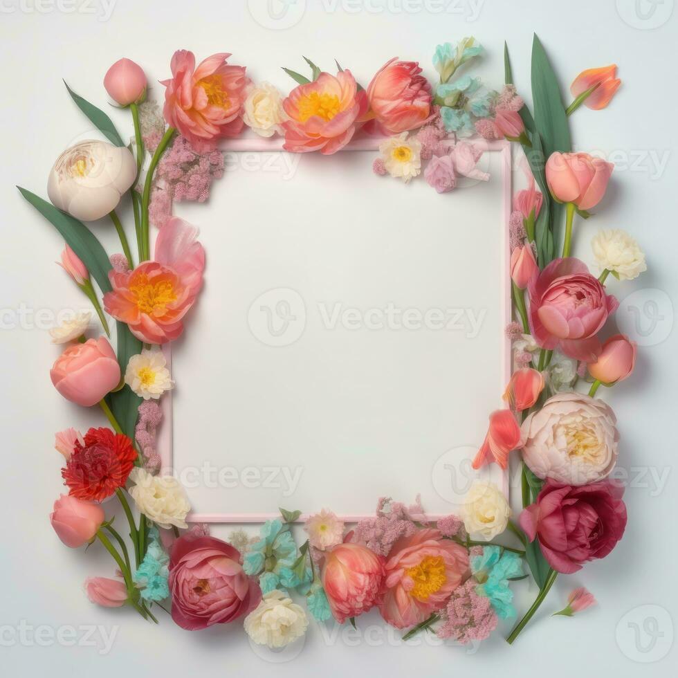 Photo frame of flowers. Wedding concept with flowers. For the design of greeting cards or invitations.