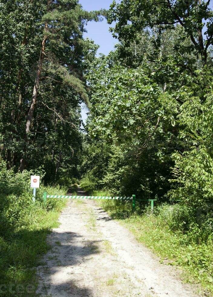 Barrier closing a rural forest road, closed road in the forest. photo