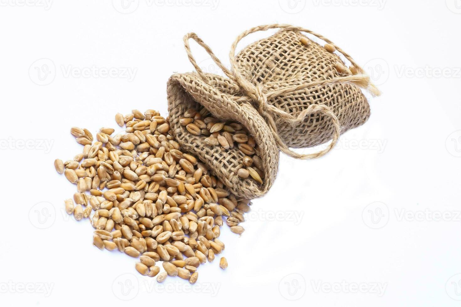 Photo of wheat grains and flour on the wooden table