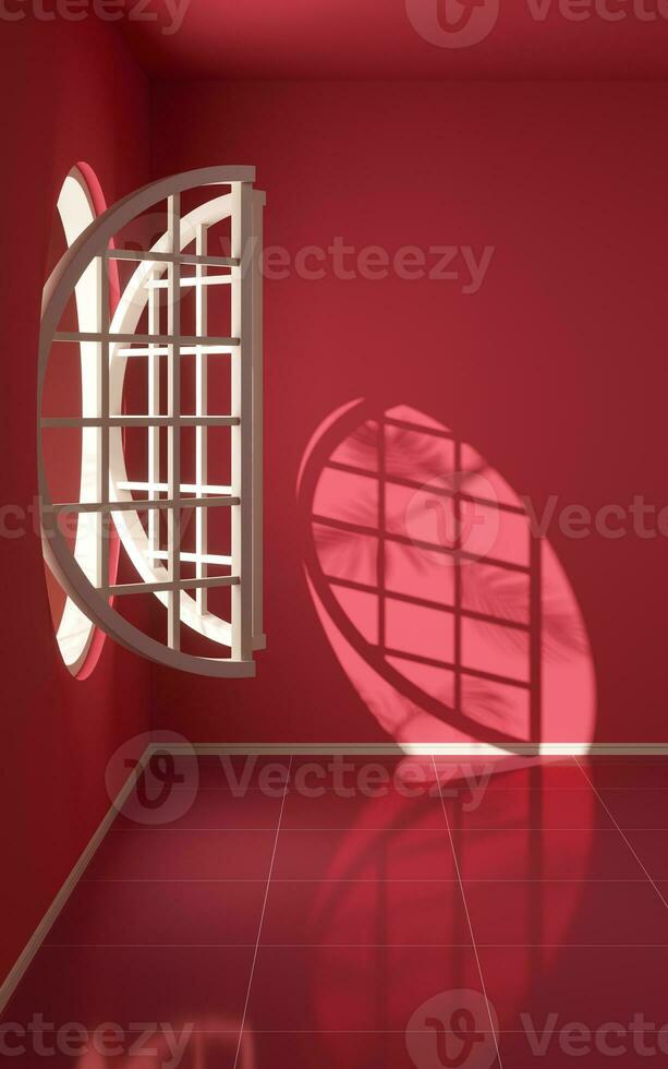 An empty room with round window, 3d rendering. photo