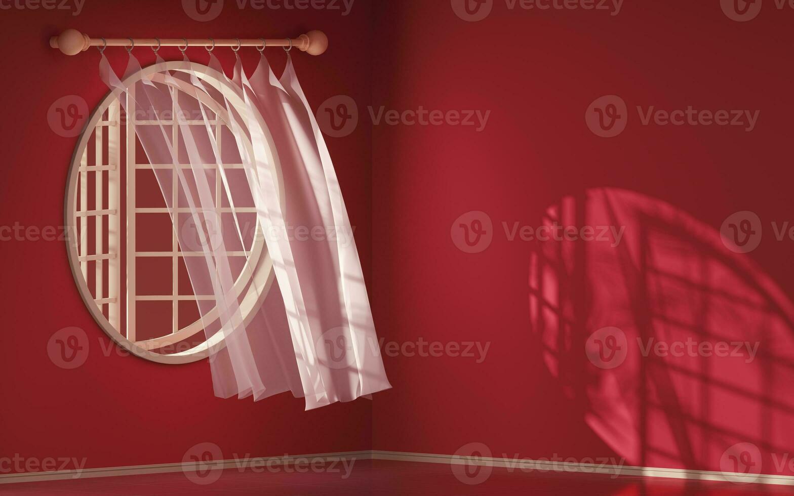 Empty room with blowing curtain, interior background, 3d rendering. photo