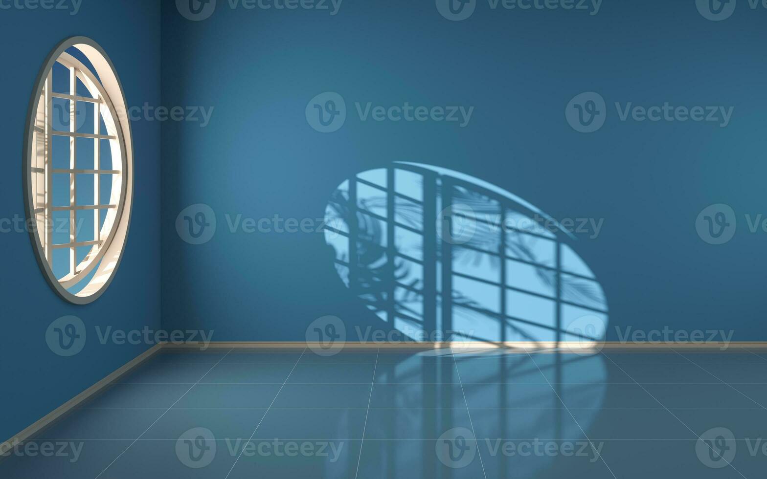 An empty room with round window, 3d rendering. photo