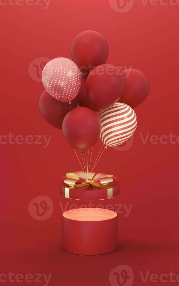 Balloons and Presents with red background, 3d rendering. photo