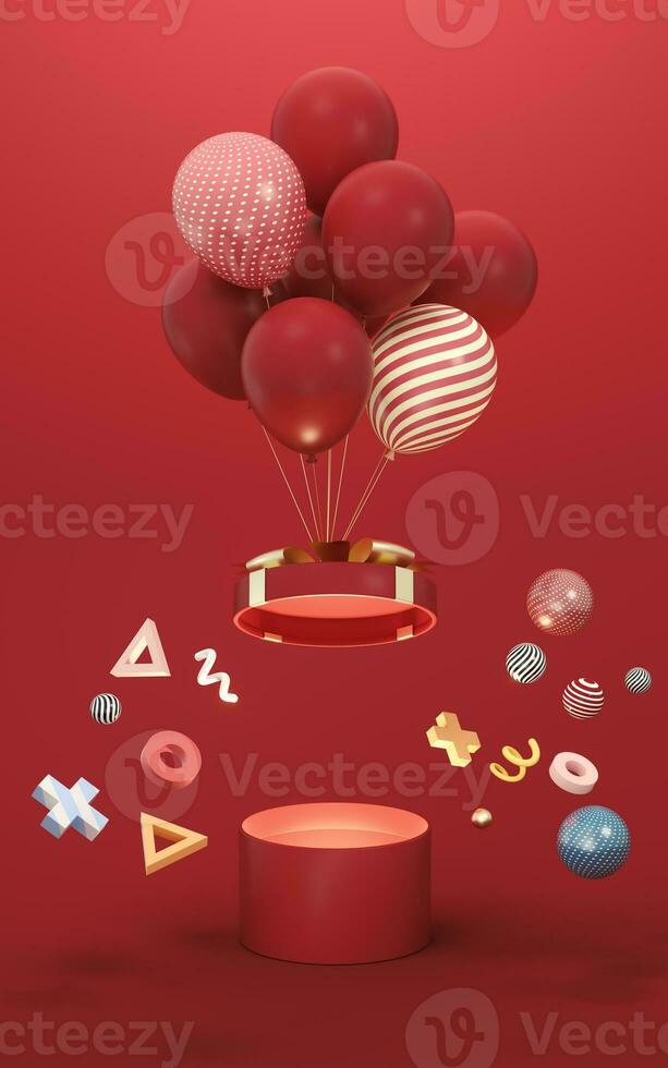 Balloons and Presents with red background, 3d rendering. photo