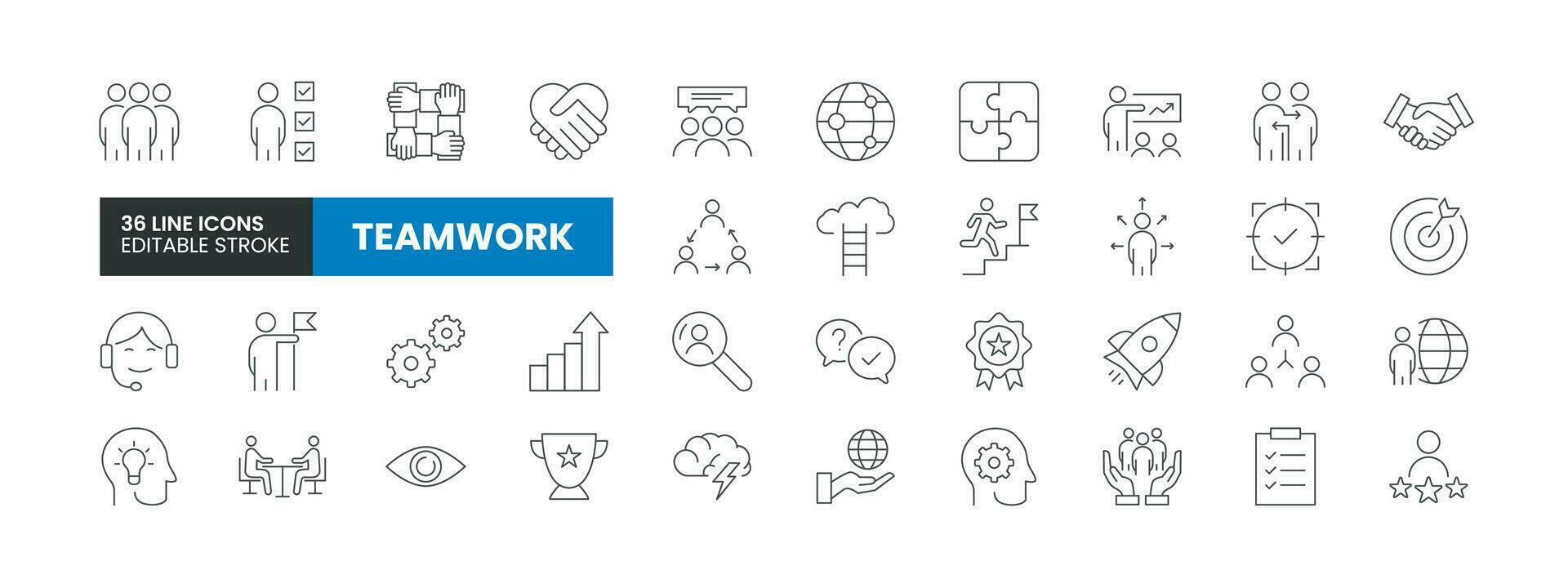 Set of 36 Teamwork line icons set. Teamwork outline icons with editable stroke collection. Includes Collaboration, Research, Outsourcing, Teamwork, Brainstorming and More. vector